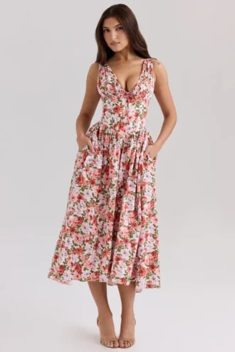 Emmelina Floral Rose Print Stretch Cotton Corset Sundress