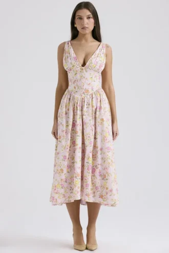 Emmelina Pink Meadow Print Cotton Corset Sundress