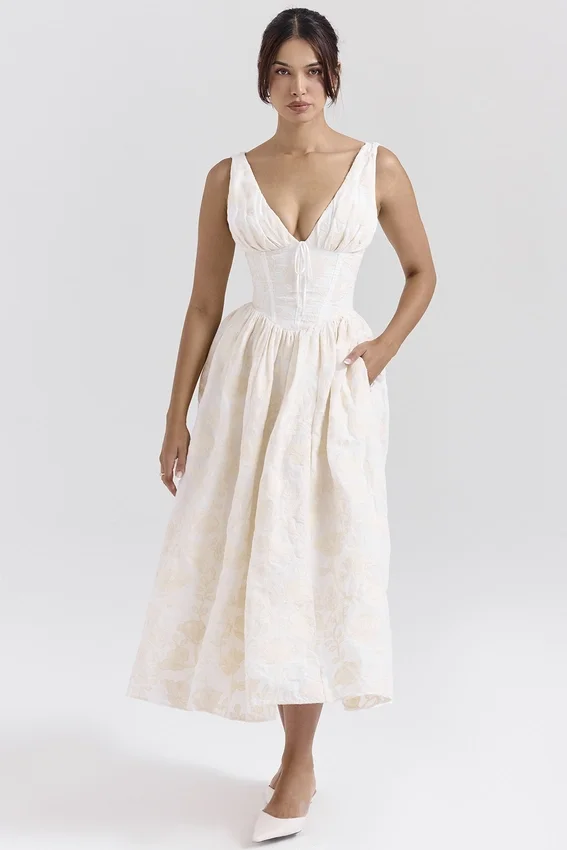 Emmelina Vintage Ivory Floral Embroidered Corset Sundress