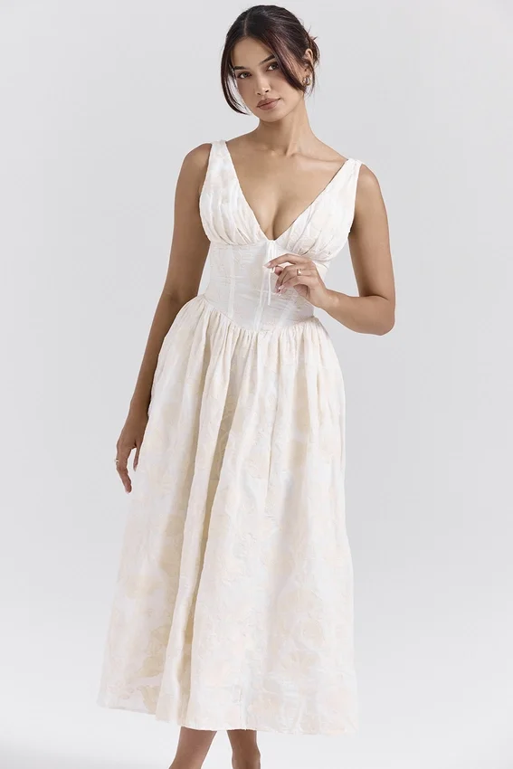 Emmelina Vintage Ivory Floral Embroidered Corset Sundress
