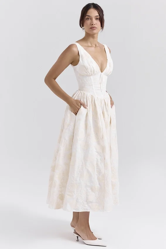 Emmelina Vintage Ivory Floral Embroidered Corset Sundress