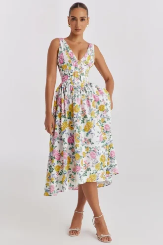 Emmelina White Vintage Rose Print Cotton Corset Sundress