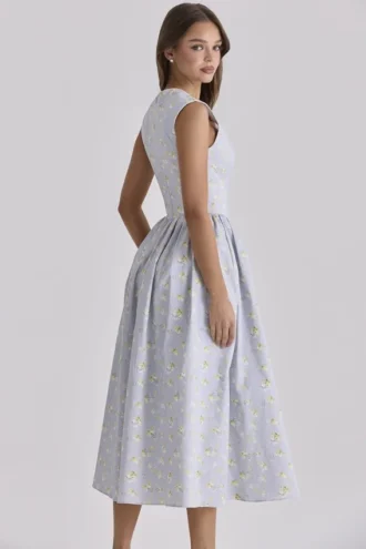 Emmy Blue Wildflower Print Cotton Midi Sundress