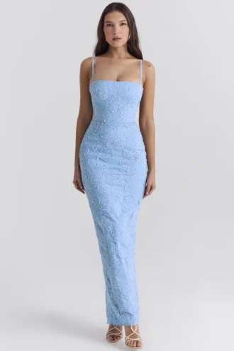 Eva Tuscan Blue Embroidered Floral Maxi Dress