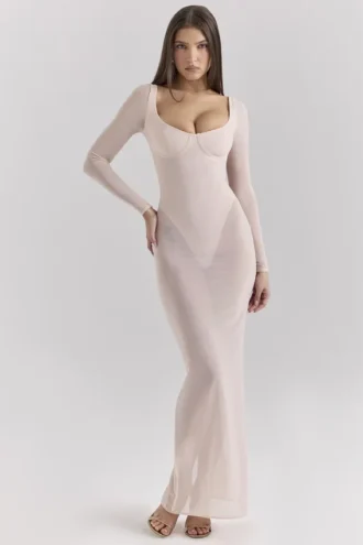 Everly Blush Mesh Maxi Dress with Bodysuit