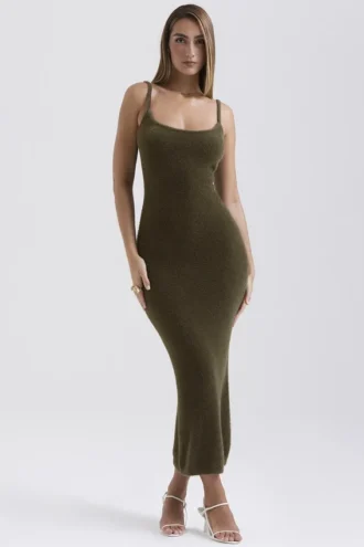 Fayette Khaki Soft Fluffy Knit Maxi Dress