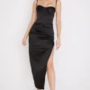 Flora Black Satin Pleated Corset Midi Dress
