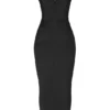 Flora Black Satin Pleated Corset Midi Dress
