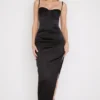 Flora Black Satin Pleated Corset Midi Dress