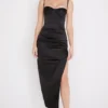 Flora Black Satin Pleated Corset Midi Dress