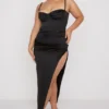 Flora Black Satin Pleated Corset Midi Dress