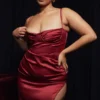 Flora Wine Satin Pleated Corset Midi Dress