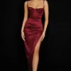 Flora Wine Satin Pleated Corset Midi Dress