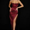 Flora Wine Satin Pleated Corset Midi Dress