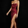 Flora Wine Satin Pleated Corset Midi Dress