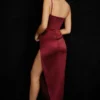 Flora Wine Satin Pleated Corset Midi Dress