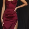 Flora Wine Satin Pleated Corset Midi Dress