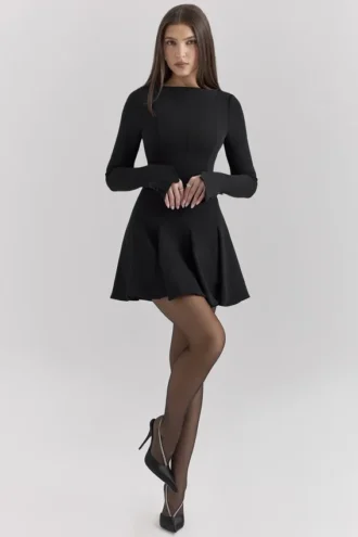 Francesca Black Stretch Crepe Godet Mini Dress