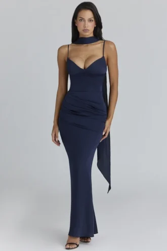 Freya Navy Satin Gathered Maxi Dress + Scarf
