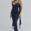 Freya Navy Satin Gathered Maxi Dress + Scarf