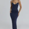 Freya Navy Satin Gathered Maxi Dress + Scarf