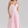 Georgie Pink Rose Print Stretch Cotton Halter Neck Midi Dress