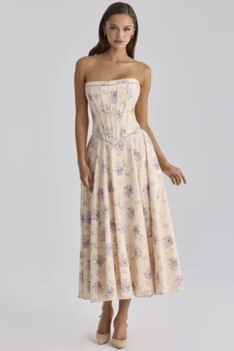 Gina Ivory Sweet Peony Floral Print Strapless Maxi Dress