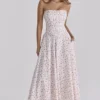 Gina White Rose Print Strapless Cotton Maxi Dress
