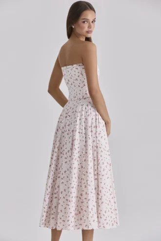Gina White Rose Print Strapless Cotton Maxi Dress