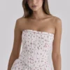 Gina White Rose Print Strapless Cotton Maxi Dress
