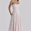 Gina White Rose Print Strapless Cotton Maxi Dress
