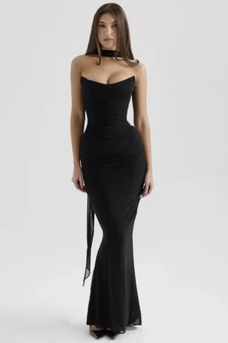 Cassidy Black Mesh Maxi Skirt with Fluted Hem