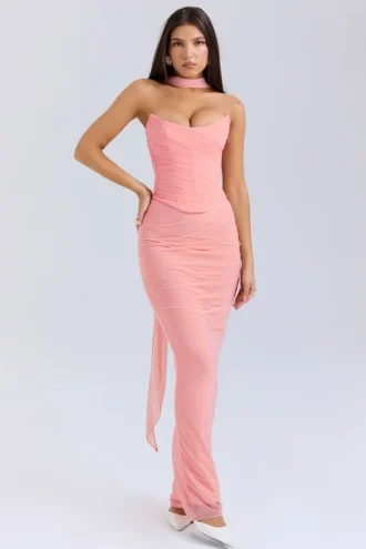 Hallie Peach Strapless Corset With Neck Scarf