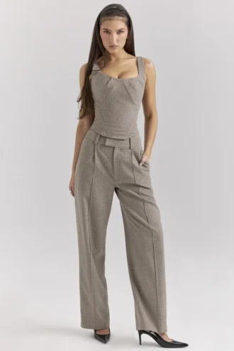 Hayden Brown Puppytooth Wide Leg High Waist Tailored Trousers