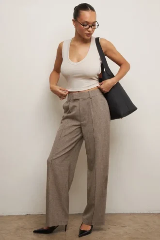 Hayden Brown Puppytooth Wide Leg High Waist Tailored Trousers