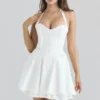 Heidi White Stretch Cotton Halter Neck Mini Dress