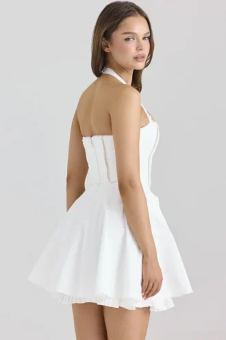 Heidi White Stretch Cotton Halter Neck Mini Dress