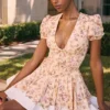 Imani Honeyflower Print Pleated Cotton Mini Dress