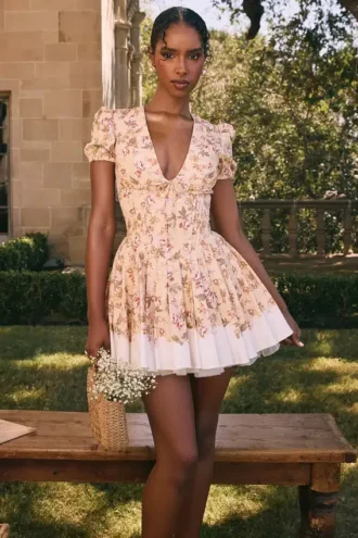 Imani Honeyflower Print Pleated Cotton Mini Dress