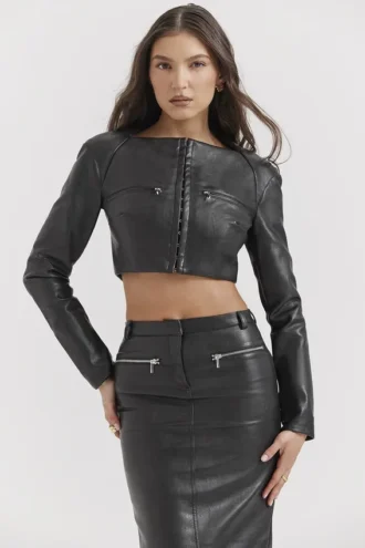 Ione Black Vegan Leather Cropped Top