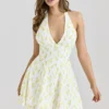 Iris Lemon Floral Print Georgette Halter Neck Mini Dress