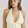 Iris Lemon Floral Print Georgette Halter Neck Mini Dress