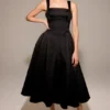 Isabeau Black Textured Satin Corset Midi Dress