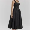 Isabeau Black Textured Satin Corset Midi Dress