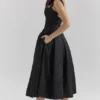 Isabeau Black Textured Satin Corset Midi Dress
