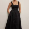 Isabeau Black Textured Satin Corset Midi Dress