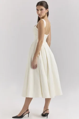 Isabeau Ivory Textured Satin Corset Midi Dress