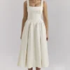 Isabeau Ivory Textured Satin Corset Midi Dress