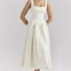 Isabeau Ivory Textured Satin Corset Midi Dress