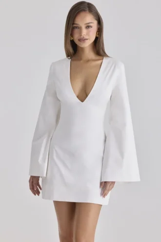 Isha White Bell Sleeve Cotton Mini Dress
